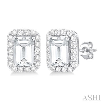 6x4 MM Octagonal Shape White Topaz and 1/4 Ctw Round Cut Diamond Halo Semi-Precious Stud Earrings in 10K White Gold